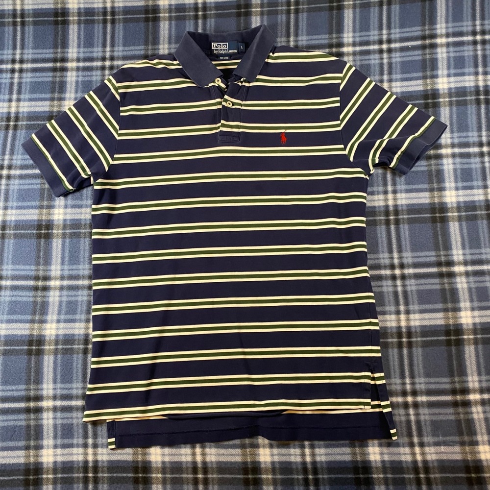 Polo‎ Ralph Lauren Mens Large Navy Blue Green Striped Cotton Pique Polo Shirt